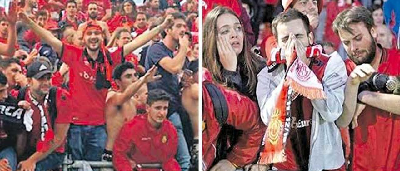 A la izquierda, Jordi Cifre celebra el pasado domingo el ascenso del Mallorca. En la otra imagen, desconsolado el 3 de junio de 2017.