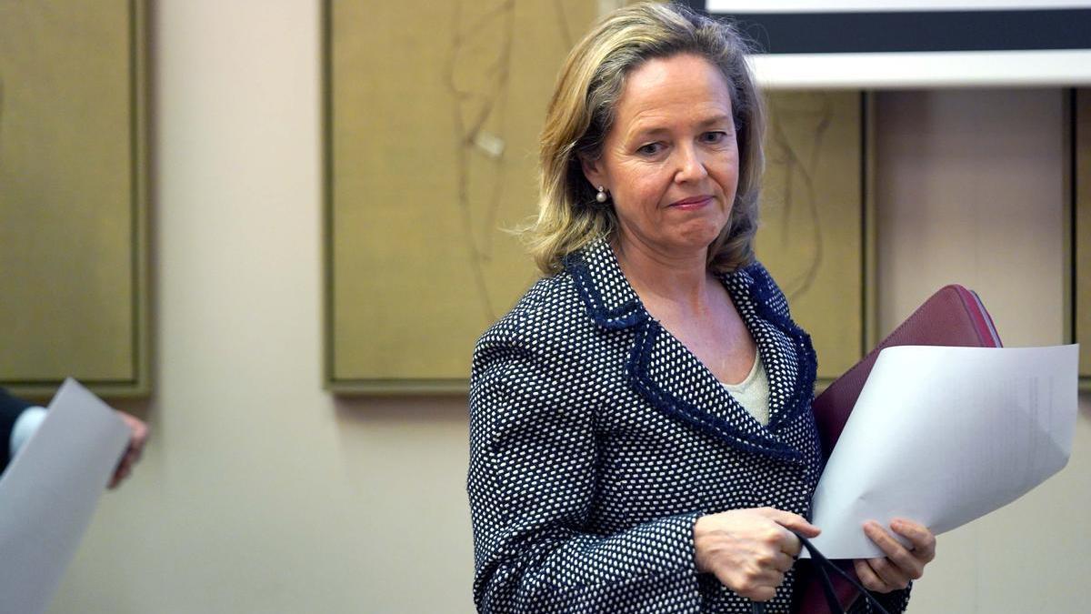 La vicepresidenta primera del Gobierno, Nadia Calviño, durante su comparecencia en el Congreso.