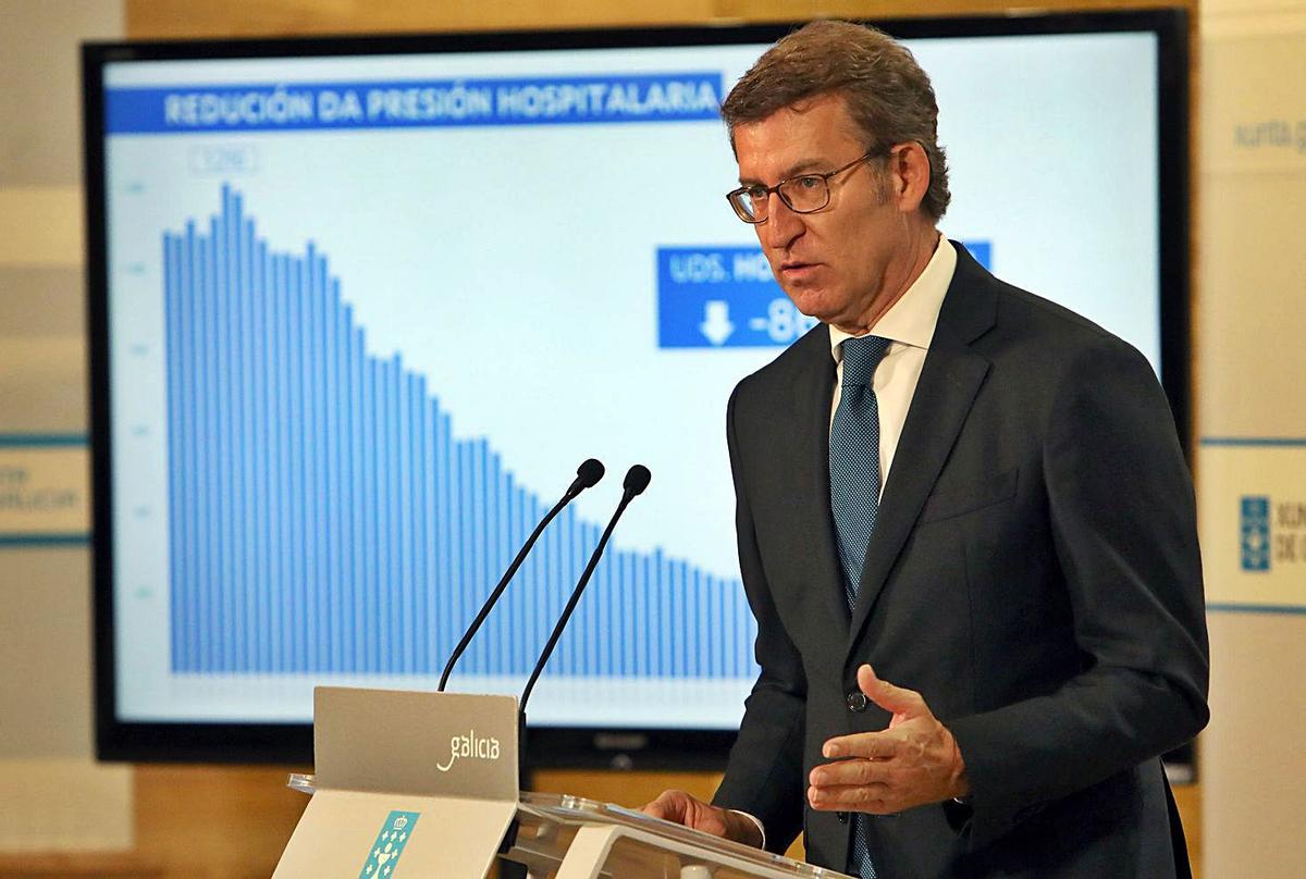 El presidente de la Xunta, Alberto Núñez Feijóo, ayer,explicando la evoluciónde la epidemia.   | // XOÁN ÁLVAREZ