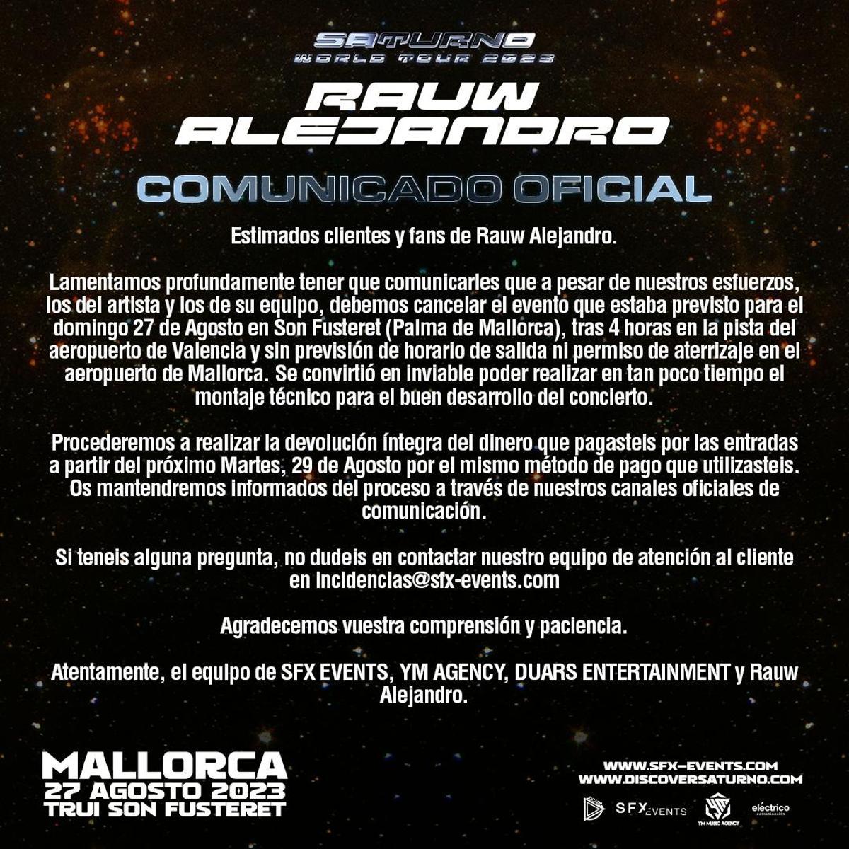 Comunicado oficial sobre el concierto de Rauw Alejandro en Mallorca.