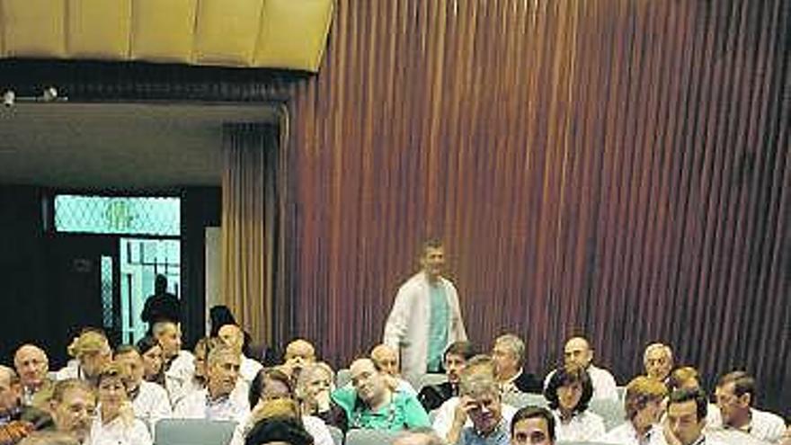 asamblea crítica. Los doctores Julián González Sarasúa (en primer término, a la izquierda) y Carlos Salvador (a su lado), durante la reunión de reactivación de la Asociación Profesional de Facultativos del HUCA celebrada el pasado jueves. Aunque sonaron diversas voces críticas con el equipo directivo y con el Servicio de Salud del Principado (Sespa), los promotores de la asamblea dieron prioridad a la renovación de cargos, para luego pasar a la acción.