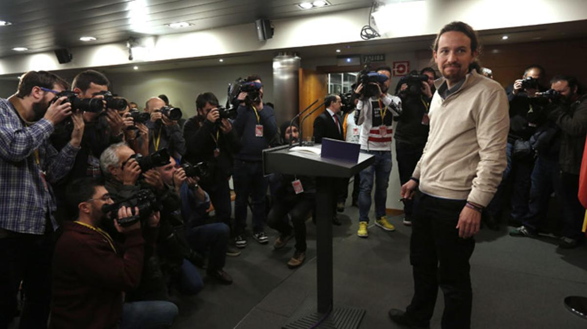 El líder de Podem, Pablo Iglesias, en la roda de premsa posterior a la reunió amb Mariano Rajoy