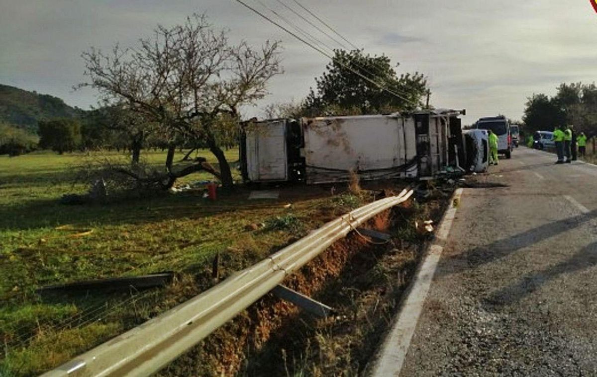 El camión de basuras en el que viajaban las dos víctimas volcó entre s’Esgleieta y Palmanyola. | BOMBERS DE MALLORCA