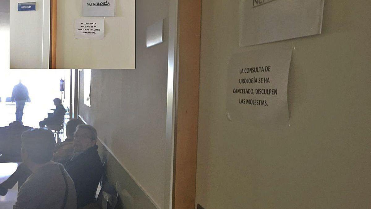 Consulta de Urología con un cartel (ampliado arriba a la izquierda) en el que comunica la cancelación.