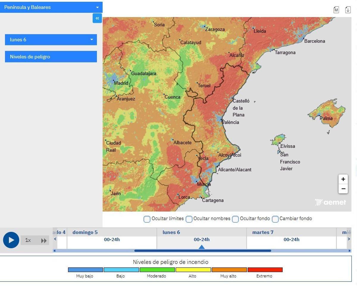 Mapa con el riesgo de incendio el lunes 6