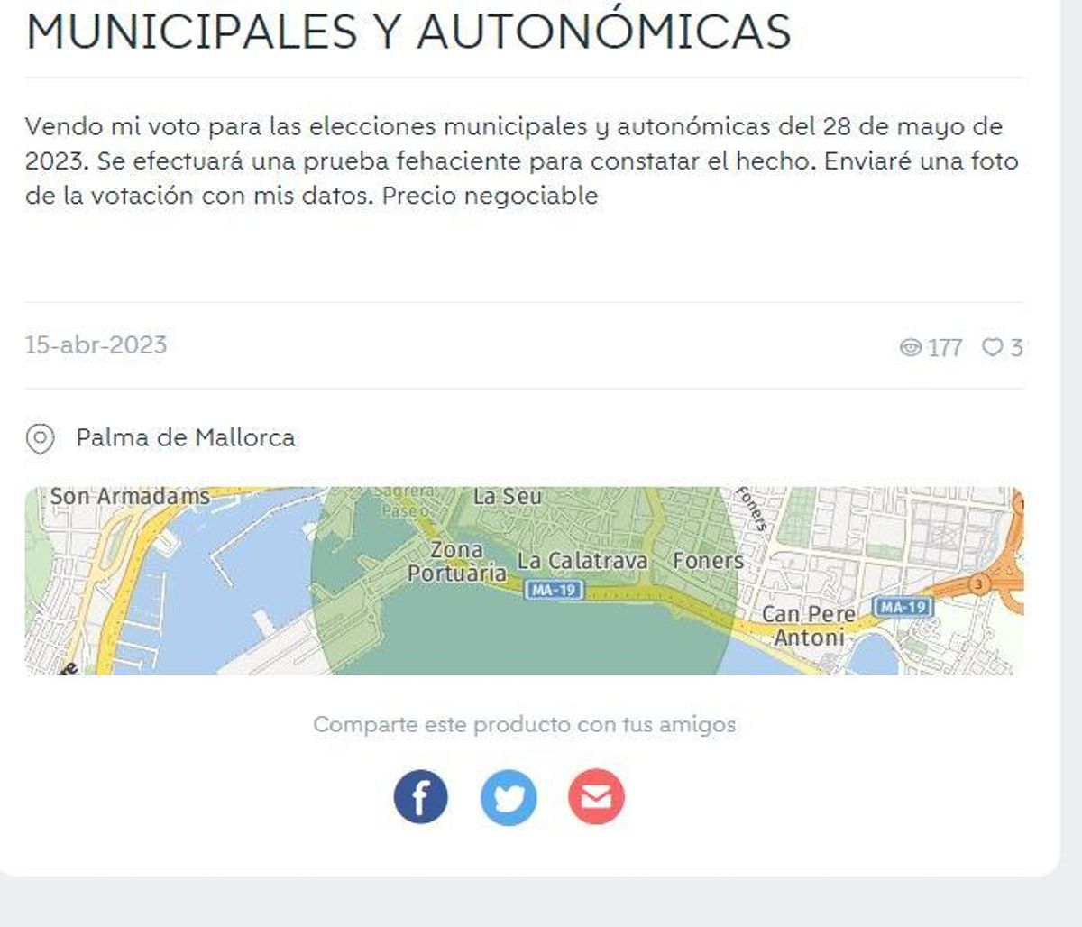 Anuncio de venta de votos en Wallapop para las elecciones del 28-M