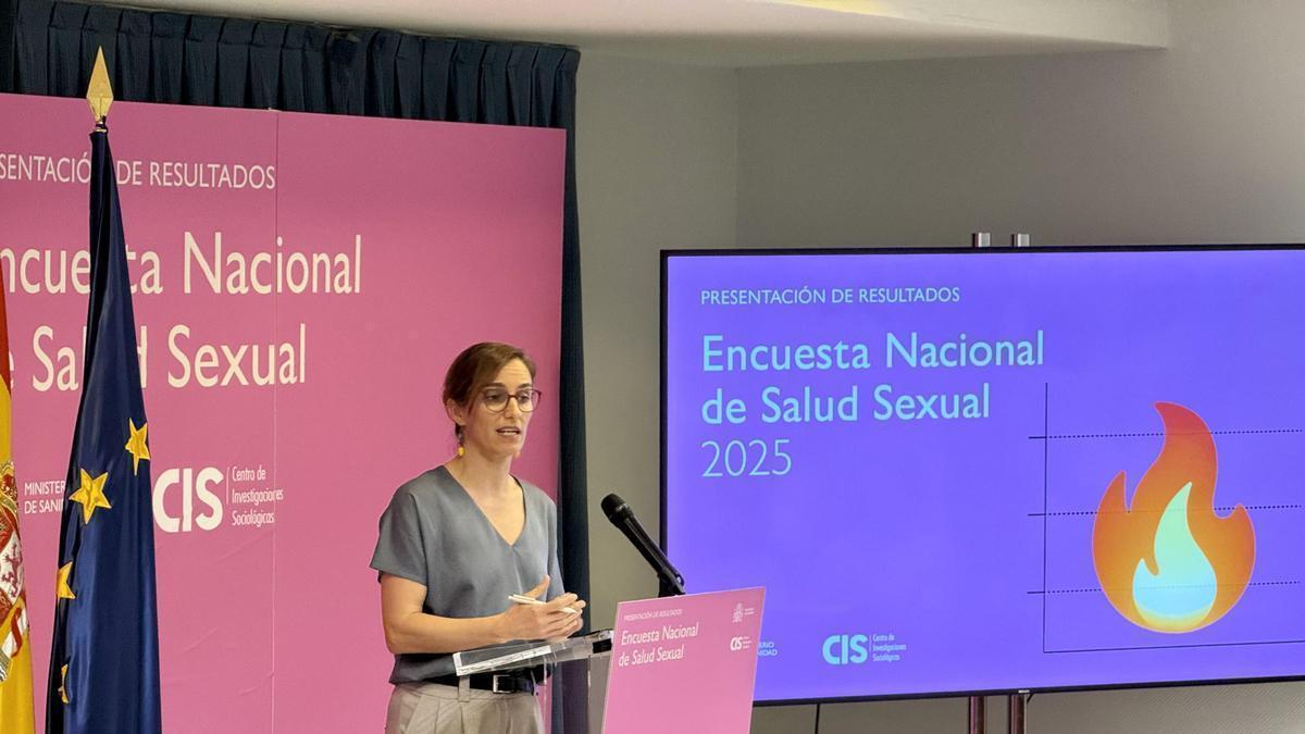 La Ministra de Sanidad, Mónica García, durante la presentación de la Encuesta Nacional de Salud Sexual.