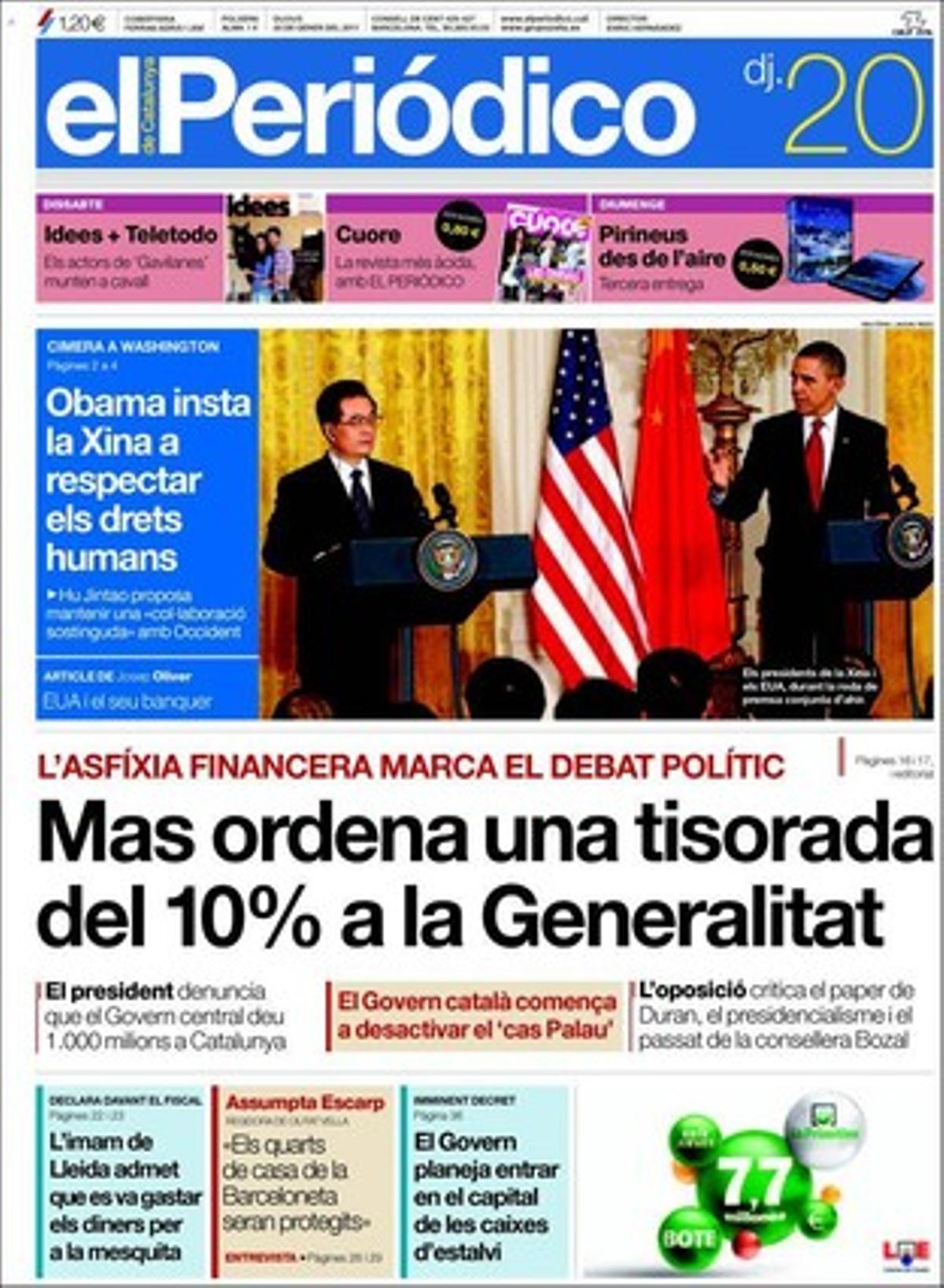 EL PERIÓDICO destaca a més que el Govern posa en marxa la desactivació del ’cas Millet’; que Rubalcaba i Puig busquen recuperar la confiança trencada en l’etapa de Saura; que Duran Lleida culpa dels altercats de Salt l’excés d’estrangers; que Brussel·les imposarà plans d’emergència als aeroports; que el diàleg social s’enterboleix amb l’intent d’allargar la vida de les nuclears; que el Barça va perdre davant el Betis però va passar a semifinals de Copa; i una entrevista a Plácido Domingo pels 70 anys que acaba de complir. 