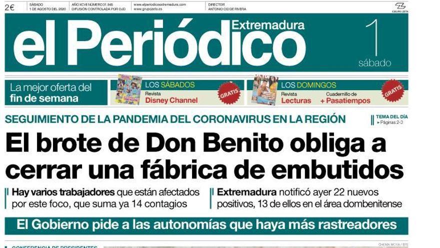 Esta es la portada de EL PERIÓDICO EXTREMADURA correspondiente al día 1 de agosto del 2020