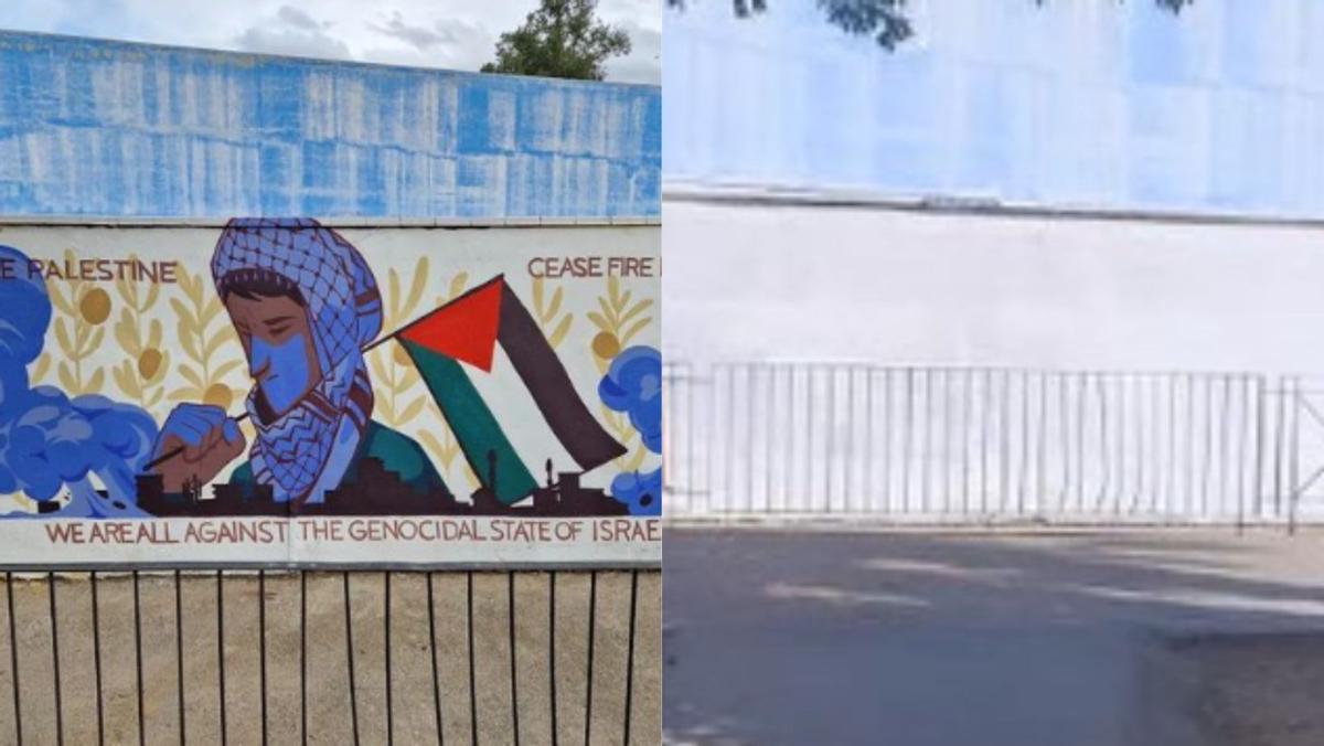 Pared en la que se había dibujado el mural pro Palestina.