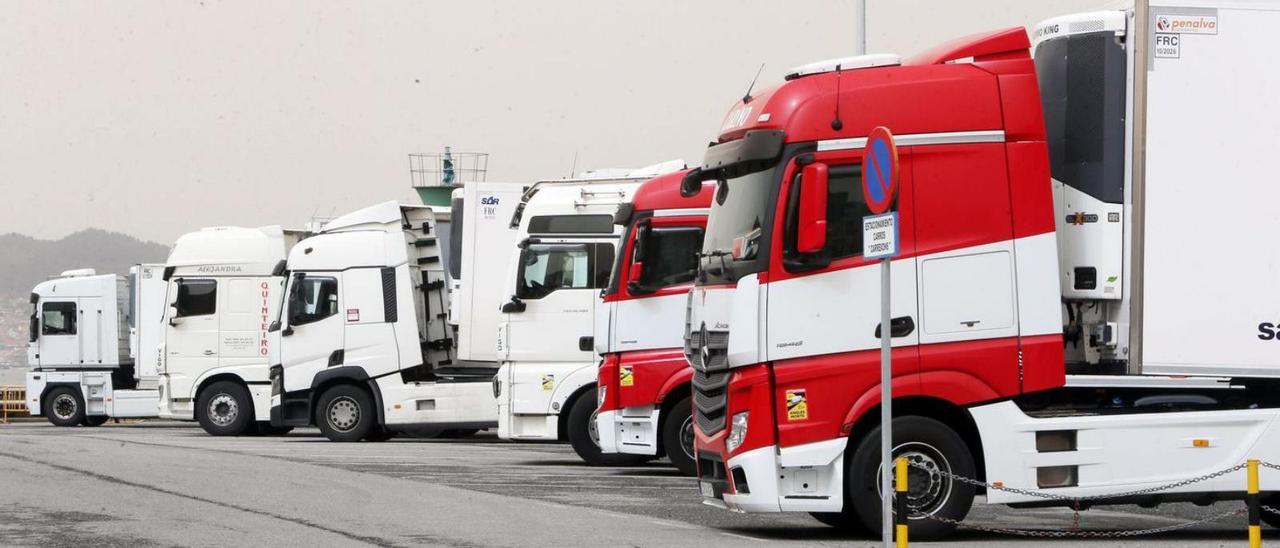 Fila de camiones de transporte frigorífico, aparcados ayer en Vigo.  / MARTA G. BREA