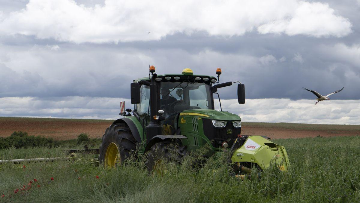 Un joven agricultor zamorano trabajando en sus tierras con el tractor.