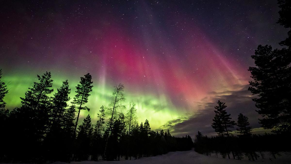 Las auroras boreales iluminan el cielo de Laponia en Rovaniemi, en Finlandia.
