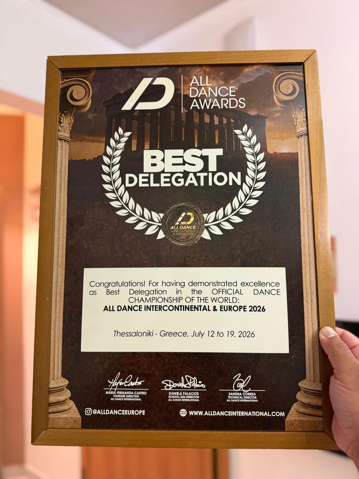 El premio de Mejor Delegación del Campeonato Europeo de Danza.