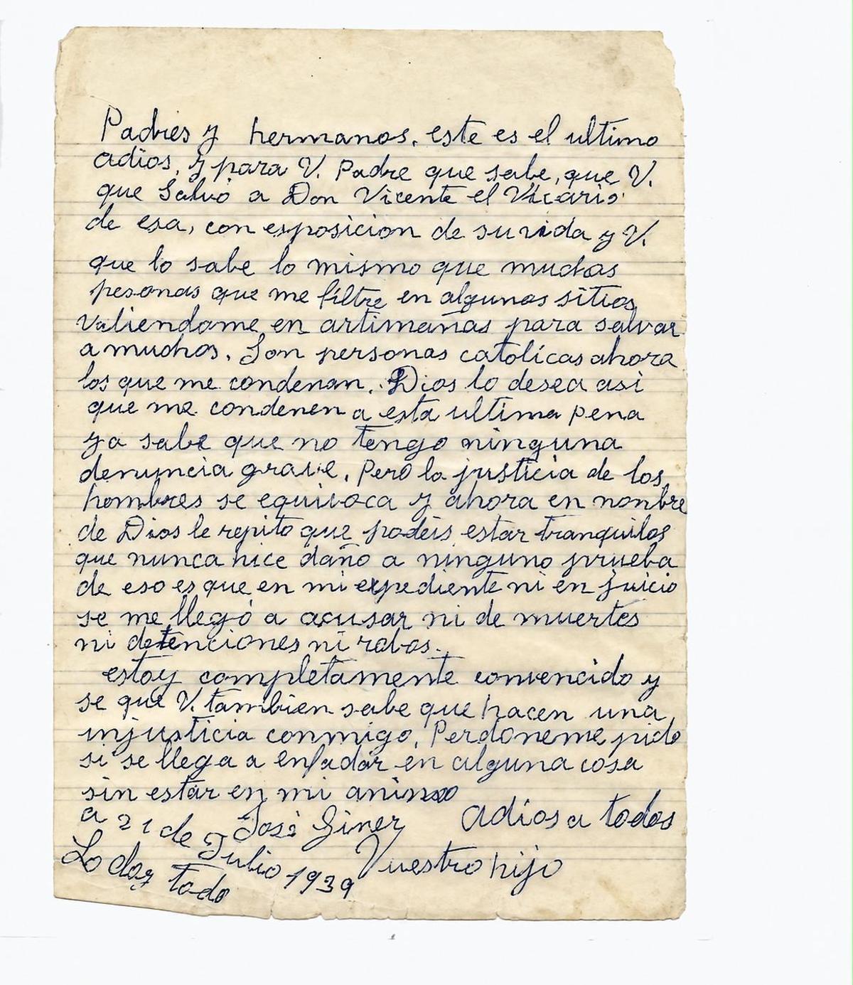 Última carta de José Giner a su familia, el mismo día de su muerte.
