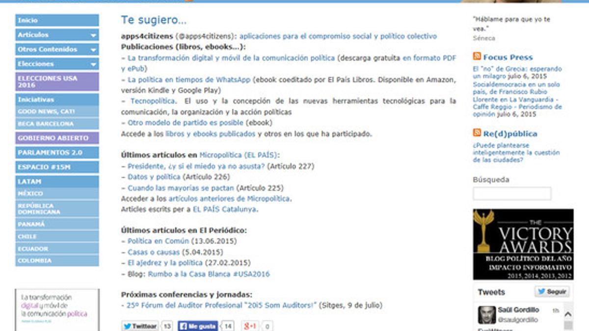 Captura de la página principal del blog de Antoni Gutiérrez-Rubí, ganador del premio al Blog Político del Año