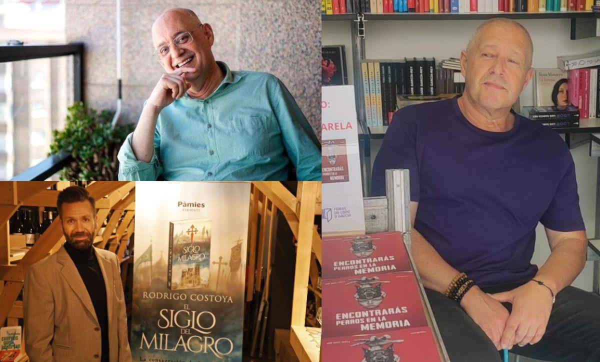 Xosé Cermeño, debajo Rodrigo Costoya y, a la derecha, José Ángel Varela, escritores gallegos.