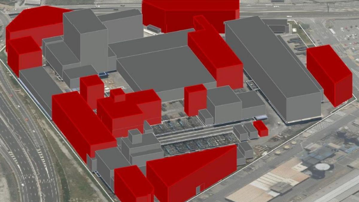 Imagen virtual de la fábrica de Showa Denko en Agrela. En rojo, los nuevos edificios proyectados.