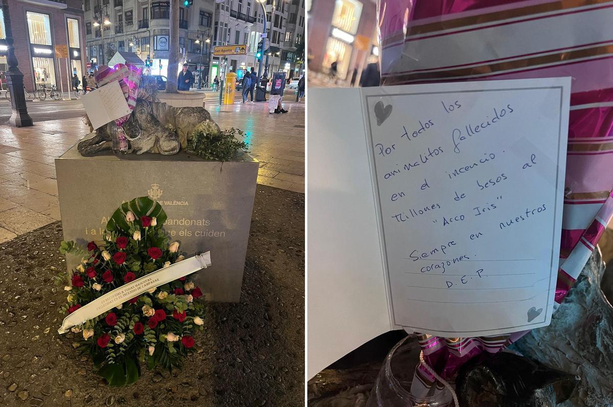 El altar improvisado en la Plaza de los Pinazo de València, en recuerdo a los animales fallecidos en el incendio de Campanar.