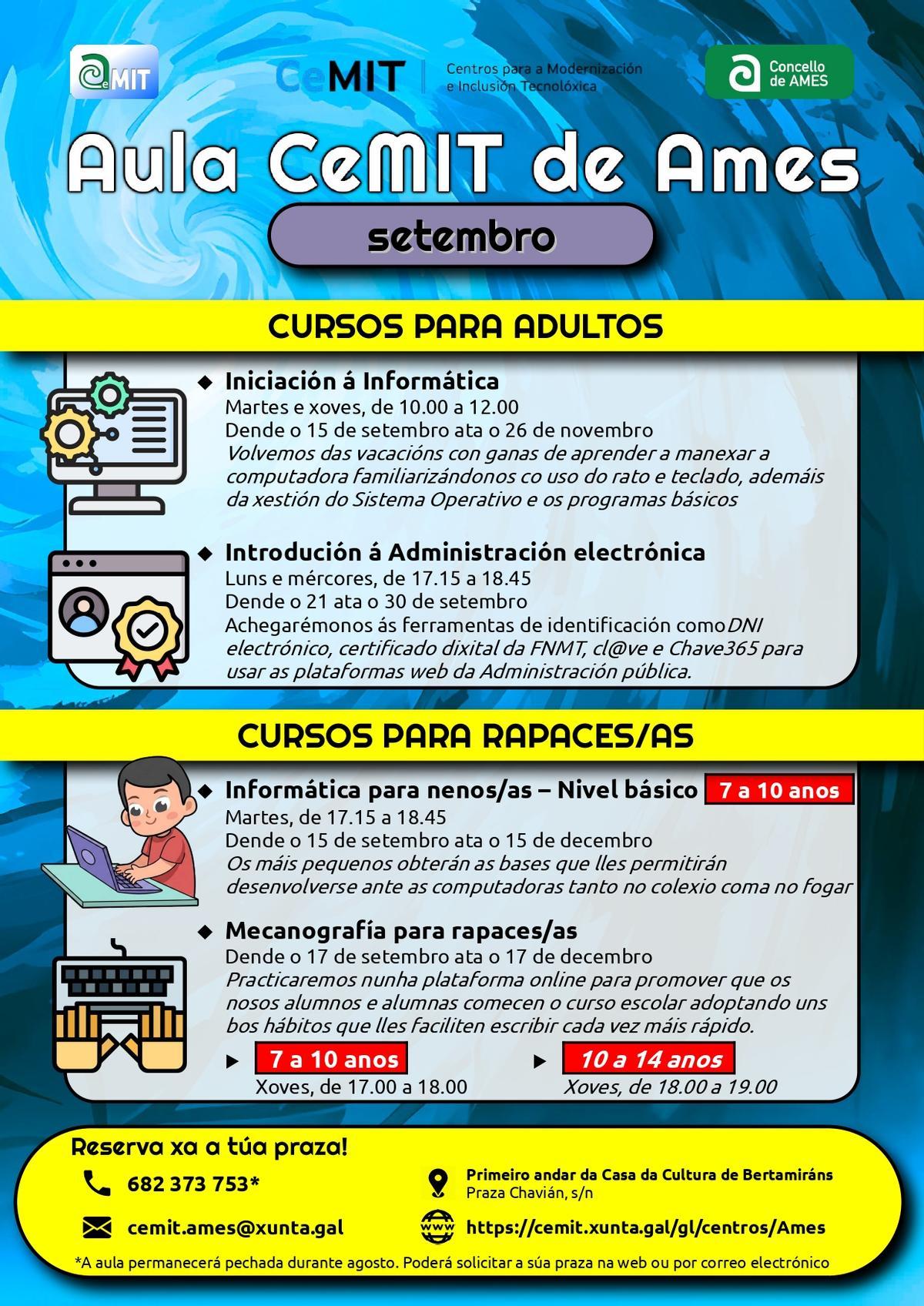 Cartel promocional dos cursos da Aula CeMIT de Ames.