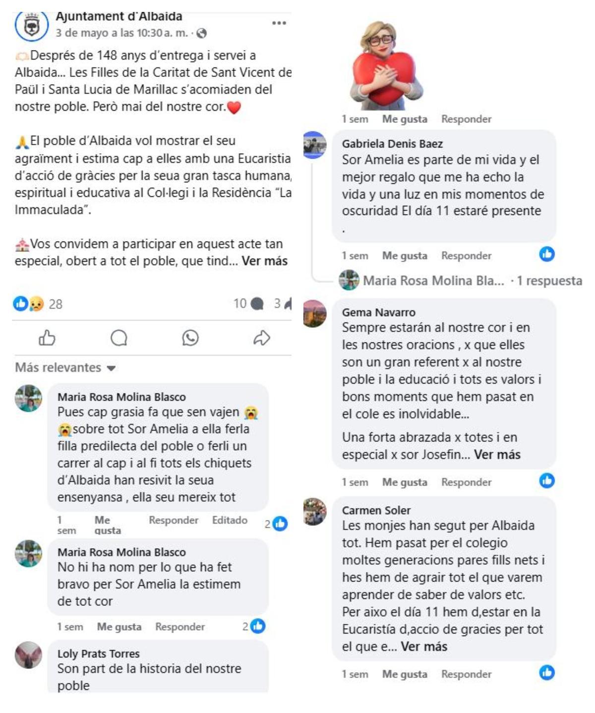 Los vecinos de Albaida han agradecido el trabajo de las hermanas en diferentes comentarios en las redes sociales.