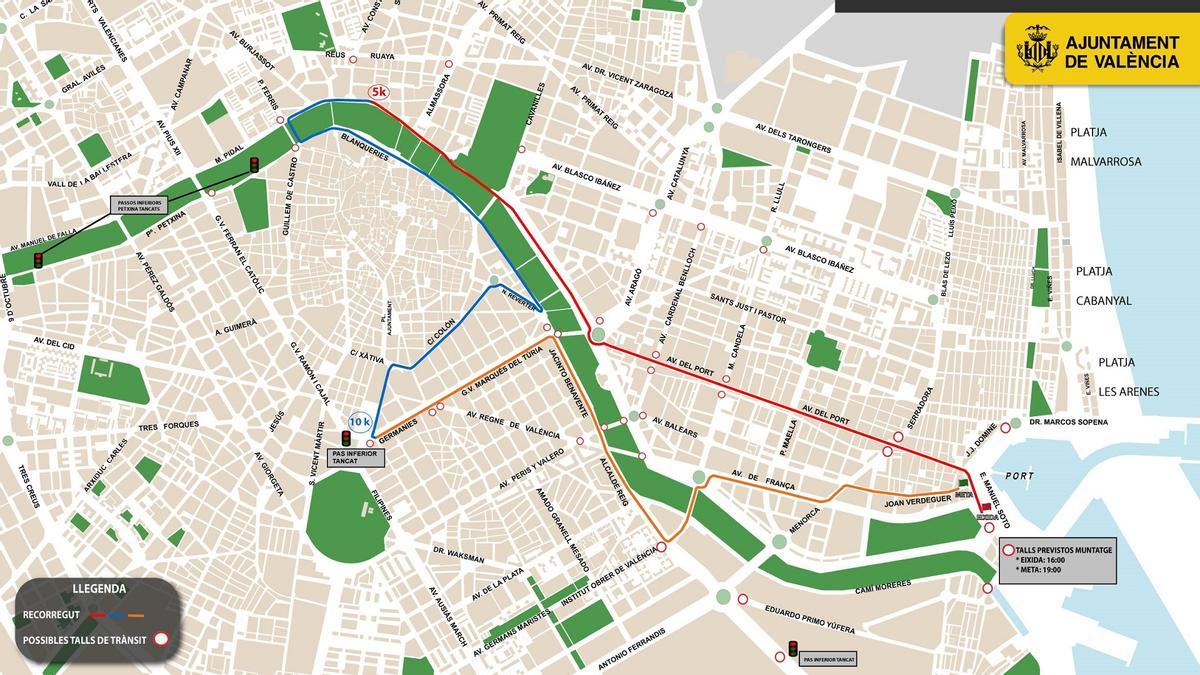 Plano del nuevo recorrido de la 15K Nocturna Valencia