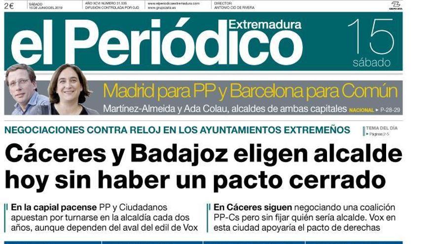 Esta es la portada de EL PERIÓDICO EXTREMADURA correspondiente al día 15 de junio del 2019