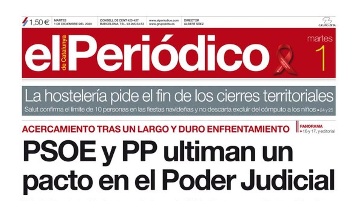 La portada de EL PERIÓDICO del 1 de diciembre del 2020.