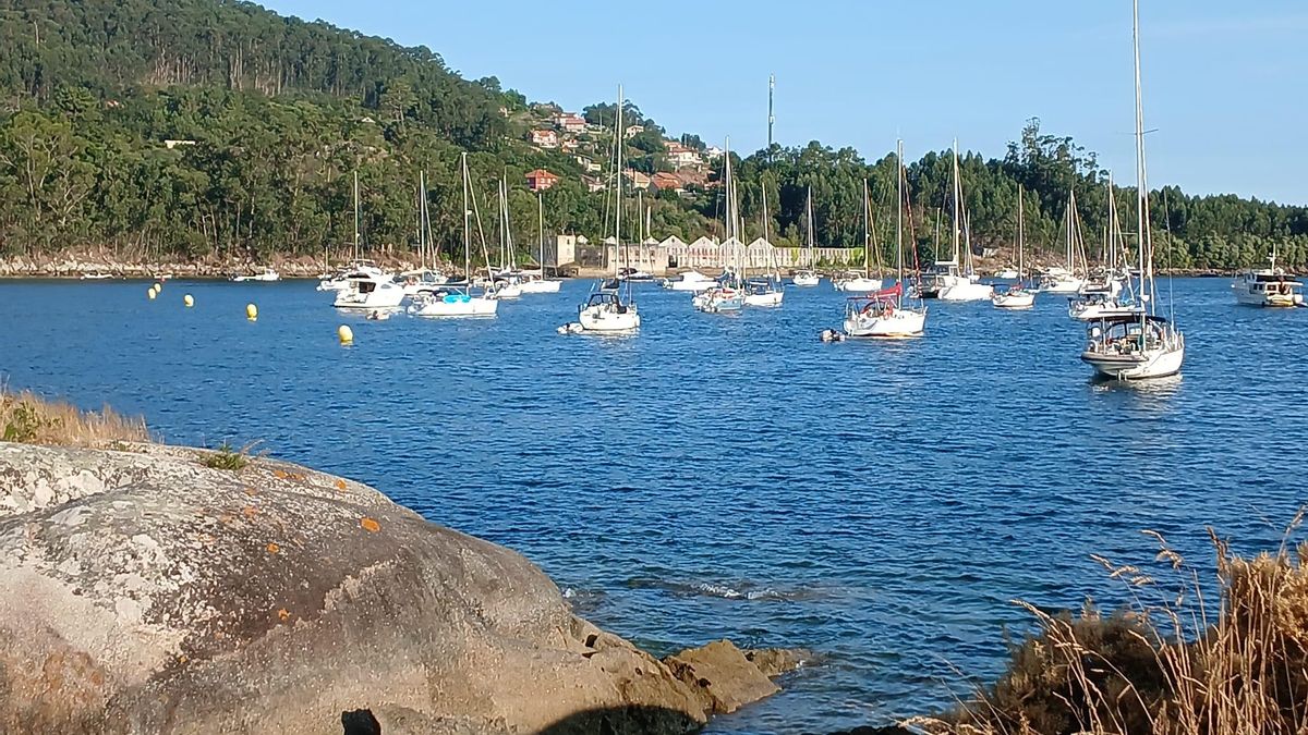 Decenas de embarcaciones recreativas fondeadas frente a la playa de Arneles, en la ría de Aldán.