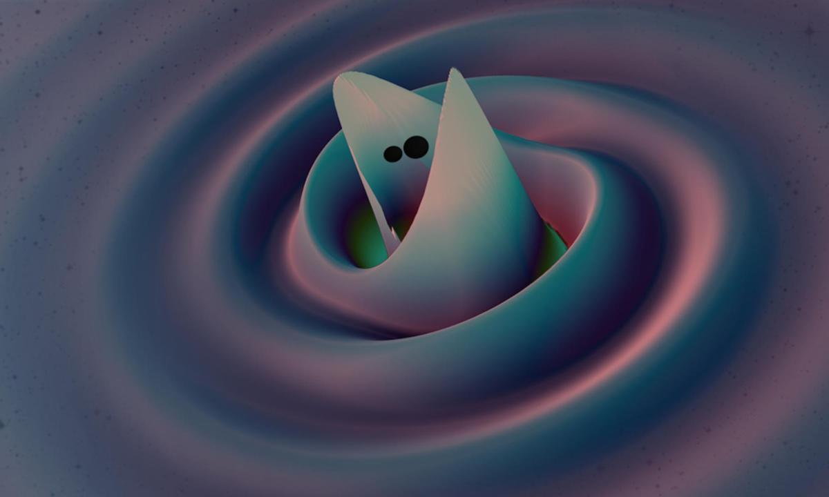 Ondas en el espacio-tiempo alrededor de un sistema de agujero negro binario fusionado a partir de una simulación de relatividad numérica. Ondas en el espacio-tiempo alrededor de un sistema de agujero negro binario fusionado a partir de una simulación de relatividad numérica.