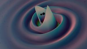 Ondas en el espacio-tiempo alrededor de un sistema de agujero negro binario fusionado a partir de una simulación de relatividad numérica.