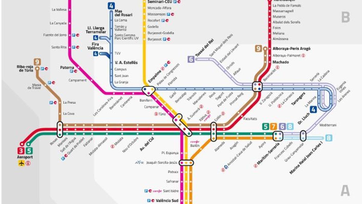 Trazado de las líneas del metro en València.
