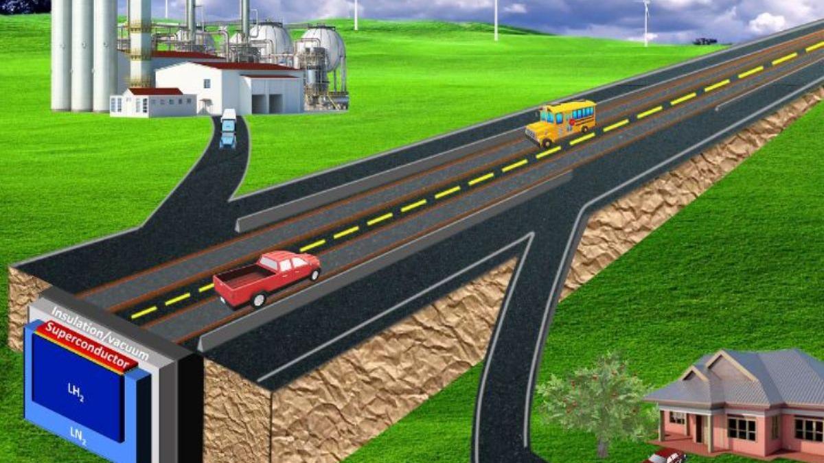 Vista transversal de un esquema de la autopista superconductora, que combina la levitación magnética para el transporte de personas y mercancías con el almacenamiento y distribución de energía en el futuro.