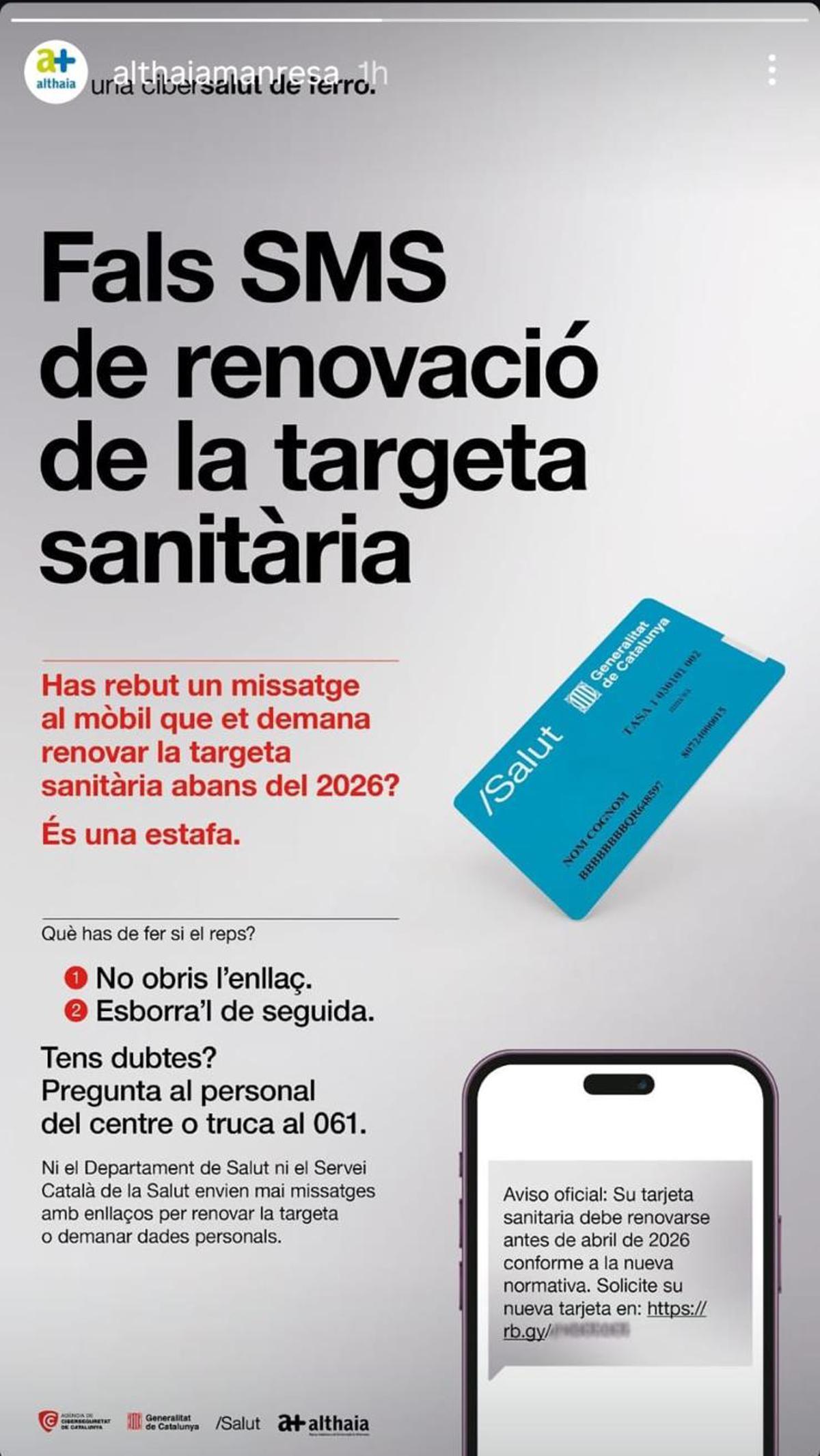 Missatge d'avís que Althaia ha penjat a les seves xarxes advertint de l'estafa