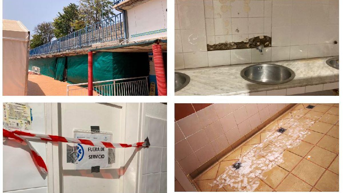 Arriba, cierre de los vestuarios, junto a situación en servicios masculinos y femeninos y, abajo a la derecha, obstrucción en las duchas masculinas.