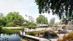 Recreación de un espacio para aves mediterráneas que se concibe para el futuro Zoo de Barcelona.
