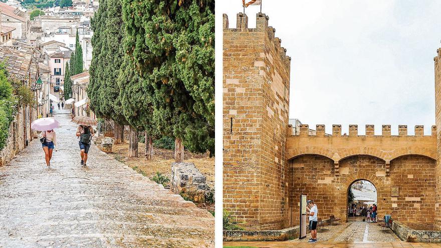 Links: Die Treppe zum Calvarien-Berg in Pollença. Rechts: Eines der Stadttore von Alcúdia