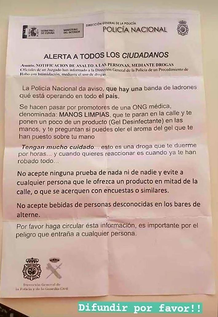 Documento falso sobre un aviso de la Policía Nacional