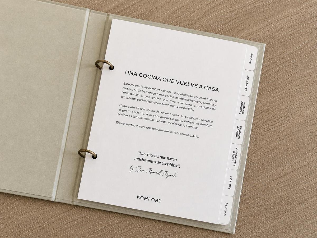 La carta de Komfort se presenta como un cookbook (libro de cocina).