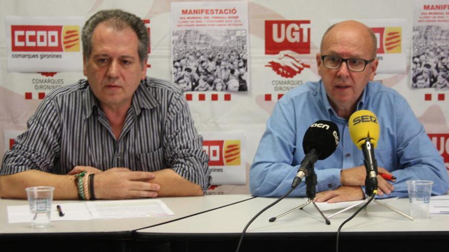 El responsable d&#039;organització i recursos de CCOO a Girona, Antonio Ferro, i el secretari general d&#039;UGT a les comarques gironines, Xavier Casas