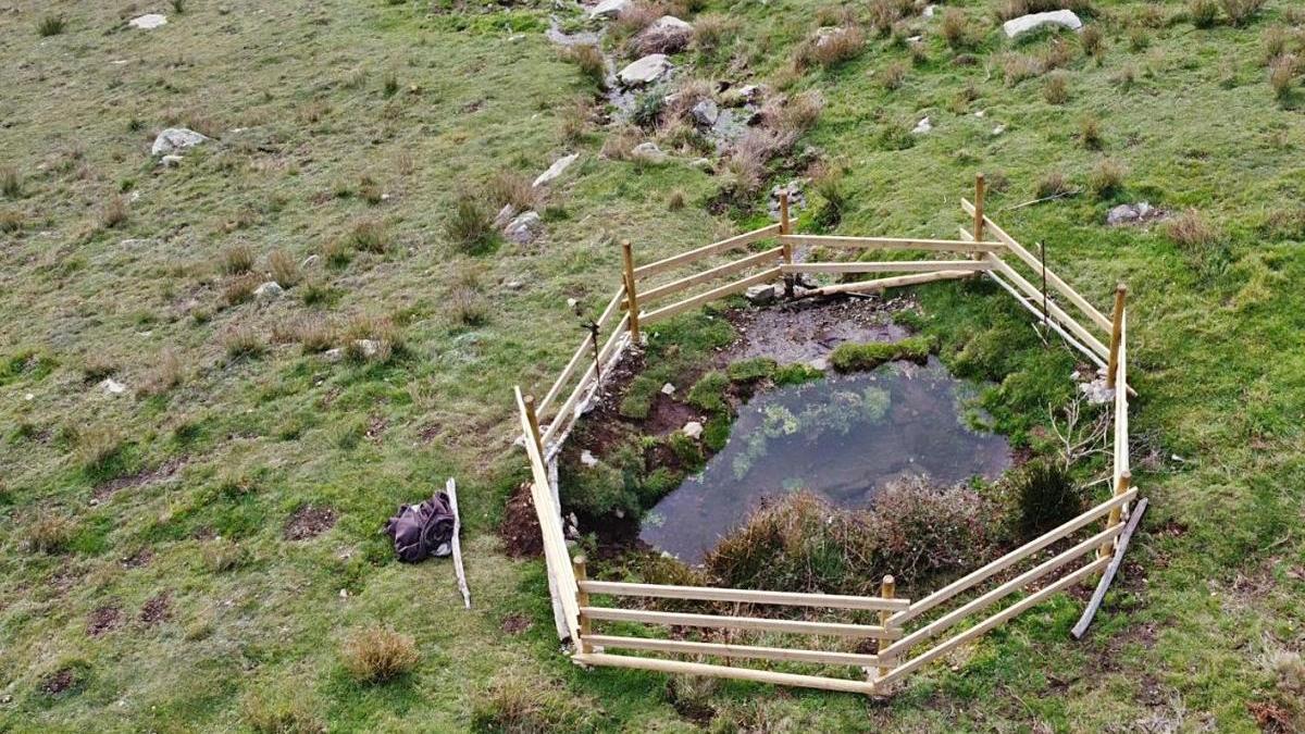 La bassa restaurada al Puigneulós, en una imatge captada a través d&#039;un dron.