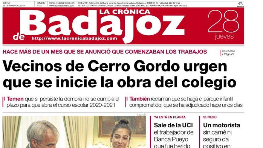 Esta es la portada de LA CRÓNICA DE BADAJOZ correspondiente al día 28 de marzo del 2019