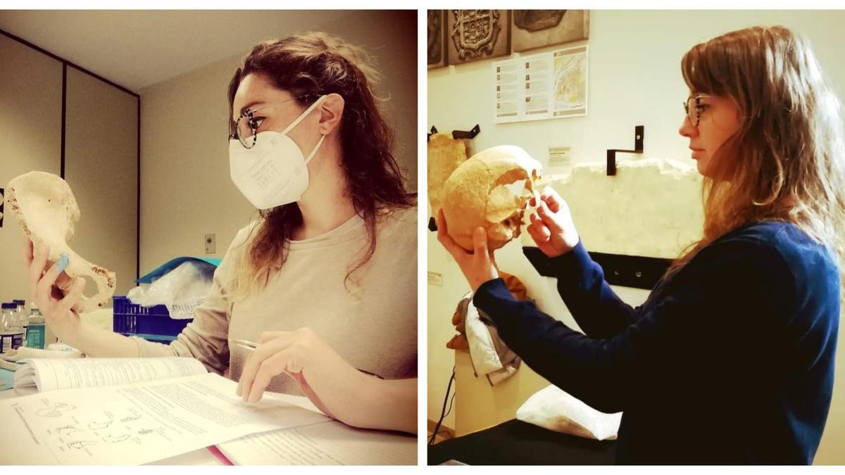 A la izquierda, la arqueóloga, analizando restos de Alfarrasí. A la derecha, Alessia Larini prepara un esqueleto hallado en Colata (Montaverner).