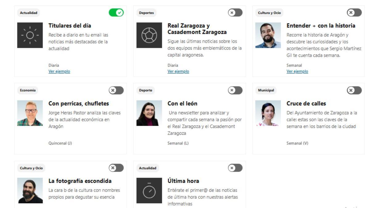 Menú de newsletters disponibles en EL PERIÓDICO DE ARAGÓN
