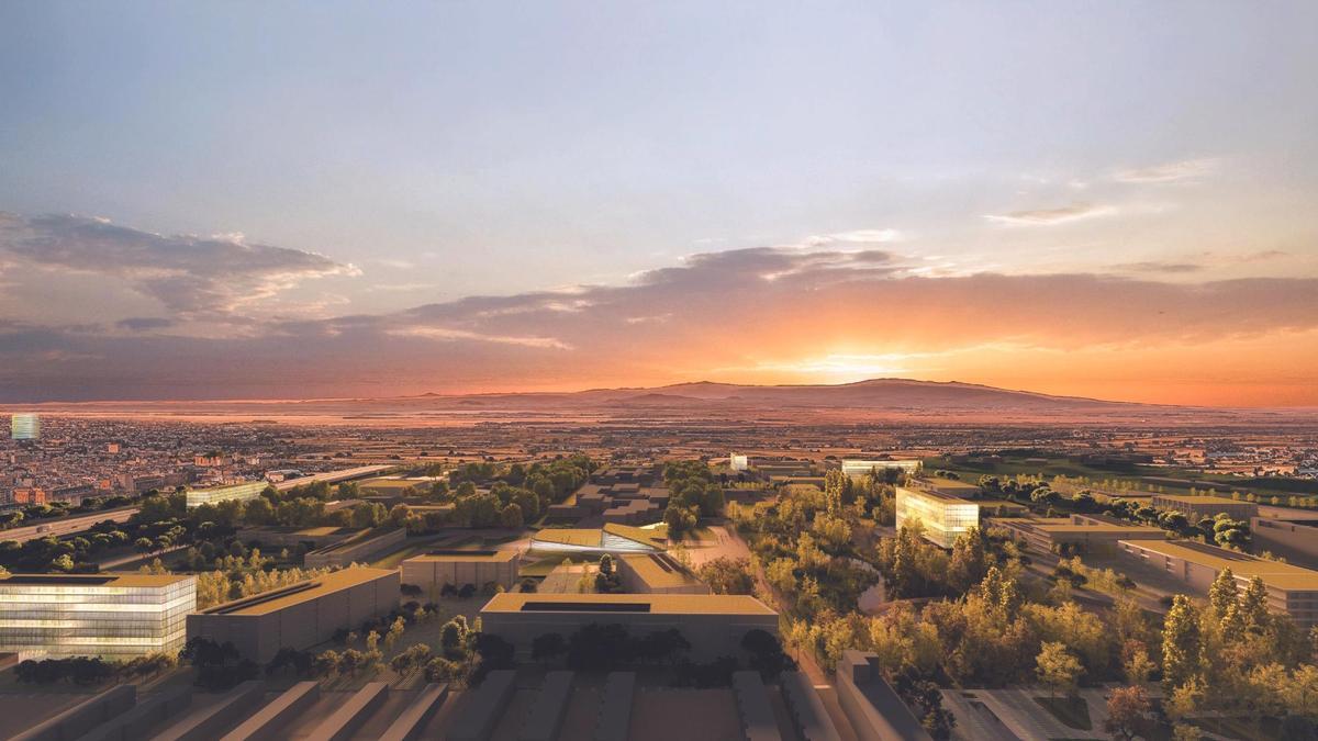 Una recreación del Distrito Aragonés de Tecnología Alierta bajo el atardecer.