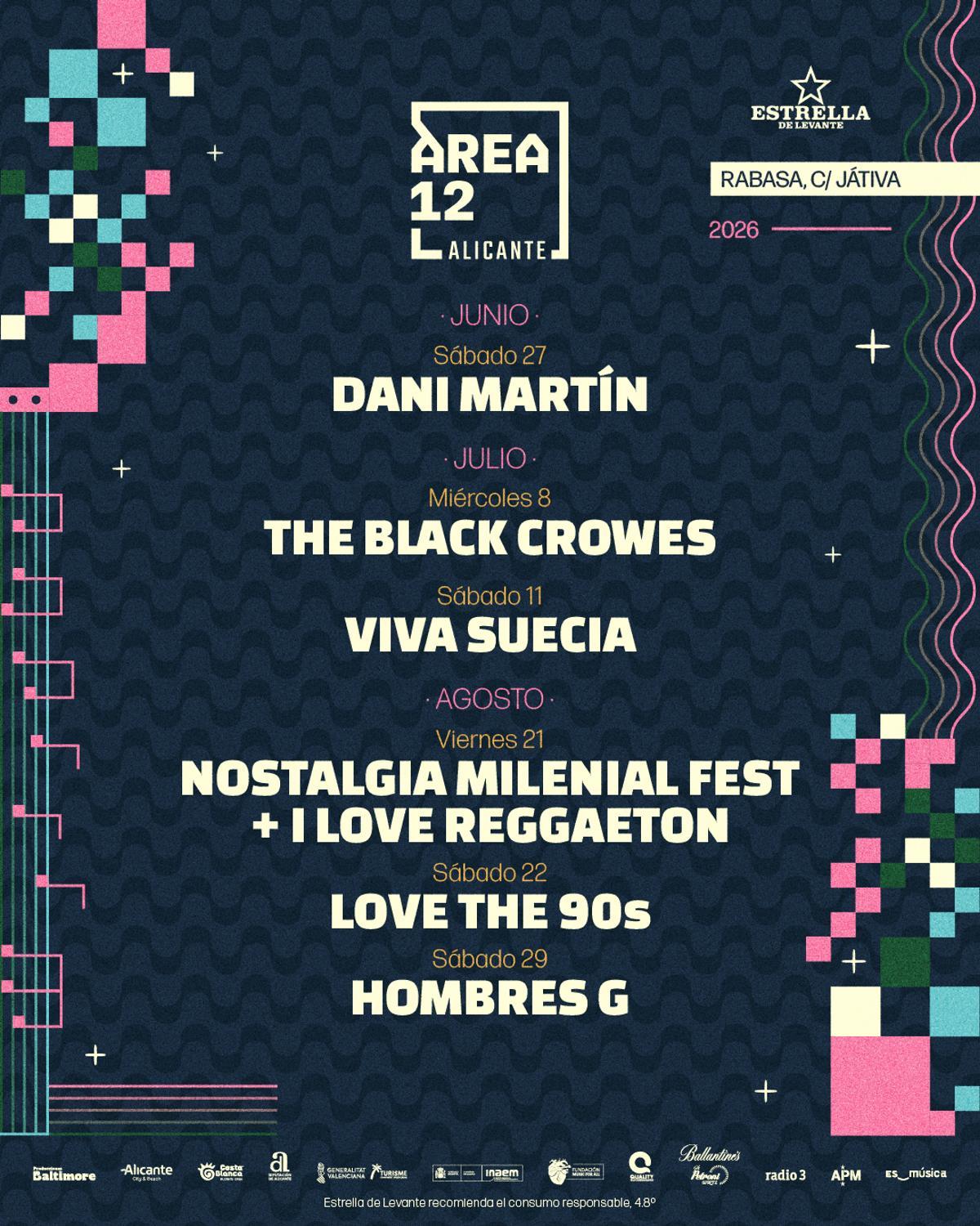 Cartel oficial de Área 12 con las seis actuaciones confirmadas en Alicante para 2026