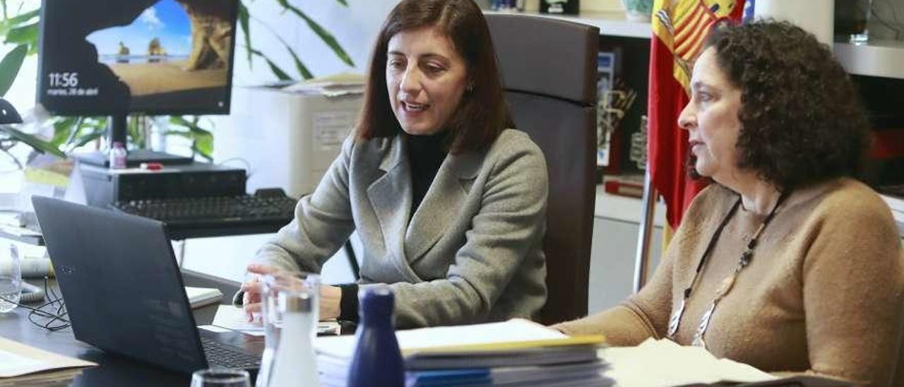 Ángeles Vázquez y Belén Docampo durante la videoconferencia con la directora del parque nacional.