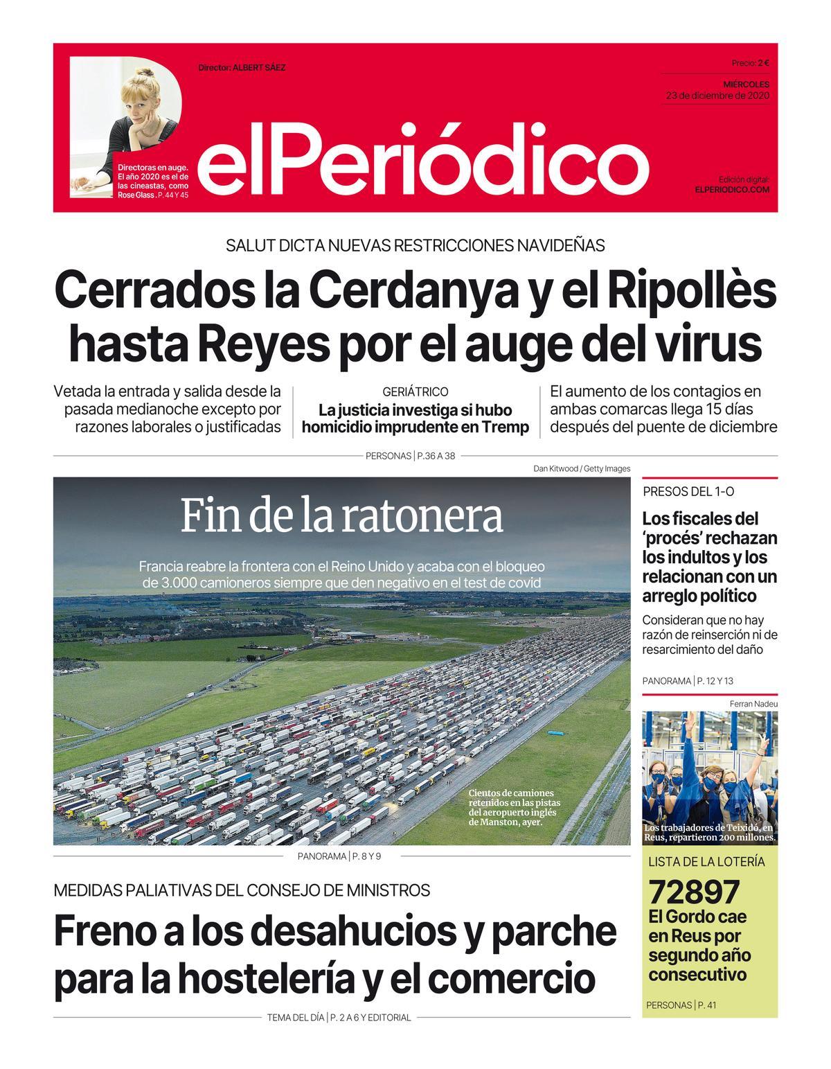 La portada d’EL PERIÓDICO del 23 de desembre del 2020