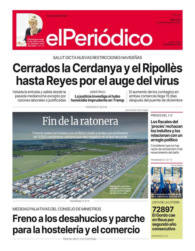 La portada d’EL PERIÓDICO del 23 de desembre del 2020
