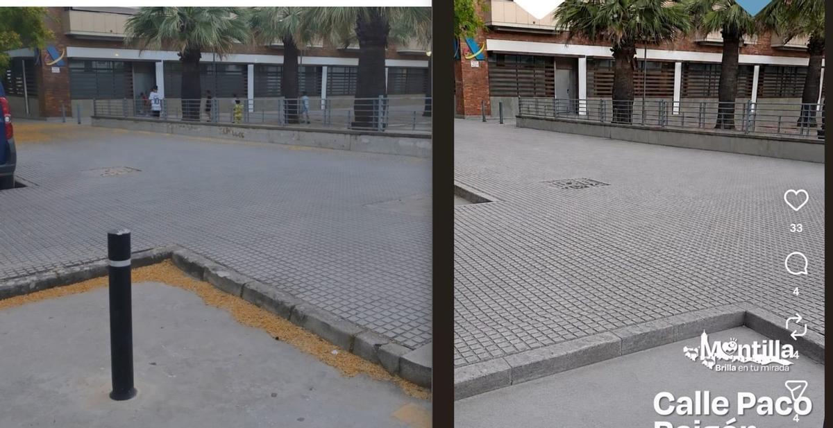 Una imagen del antes y el después de una zona de Montilla compartida en redes sociales que critica el PP.